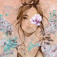 a painting of a woman's face with flowers in her hair and the words no one knows that is your power