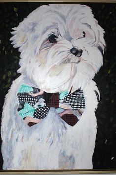 a painting of a white dog wearing a bow tie