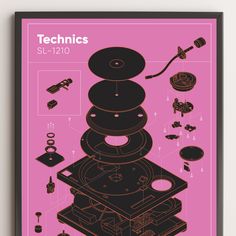 a pink poster with black and white artwork on it's sides that says technics sl - 1210