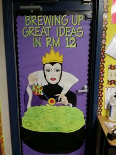 a door decorated with an image of a woman in a crown and text reading brewing up great ideas in rm 12