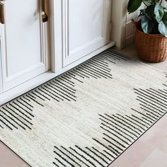 a black and white rug on the floor next to a potted plant