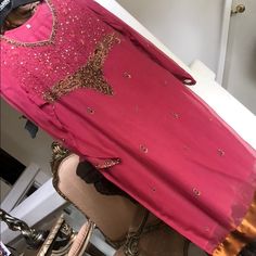 Beautiful Brand New Chiffon 3piece Set With Dull Gold Embroidery. Bust 22" Shoulder 16" Embellished V-neck Kurta For Party, Festive V-neck Kurta For Party, Traditional V-neck Party Sets, V-neck Kurta With Dabka Work For Party, Anarkali V-neck Party Kurta, Festive Pink Kurta With Sequins, Fitted V-neck Kurta For Party, Fitted V-neck Party Kurta, Festive Pink Sequined Kurta