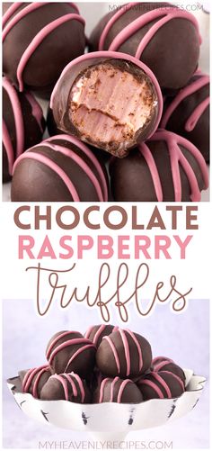 chocolate raspberry truffles are stacked on top of each other