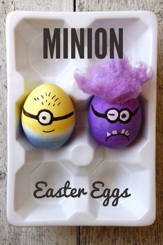 two eggs in an egg carton with the words minion and easter eggs on them