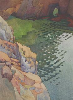 a painting of rocks and water on the side of a mountain