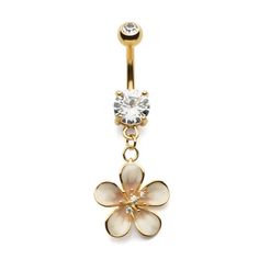 a gold flower belly ring with a crystal center