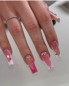 Cool Design Nails Creative, Young Miko Nails, Elegant Birthday Nails, V Cut French Tip Nails, French Tip Nails With Gems, Tapered Nails, Latina Nails, Amazon Beauty