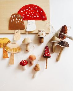 mushrooms are hanging on the wall next to a piece of wood that has been painted red and white