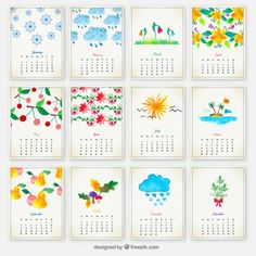 six calendars with watercolor flowers and clouds