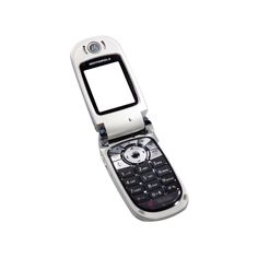 an old cell phone with a blank screen on it's display stand, in front of a white background