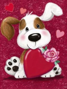 a painting of a dog holding a heart with hearts in the air and flowers on its chest