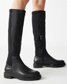 LEXINGTON Black Leather Lug Sole Knee High Boot | Women's Boots – Steve Madden Wide Boots For Women, Black Flat Boots, Knee Boot, Low Block Heels, Wide Boots, 5 Inch Heels, Flat Boots, Black Flats