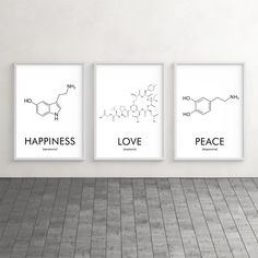 three posters with the words happiness, love and peace on them in front of a white wall