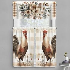 a window curtain with roosters and flowers on it