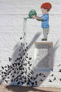 a mural on the side of a building depicts a boy watering water from a green spout