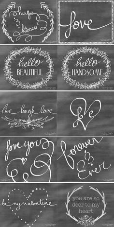 chalkboard wedding signs with handwritten words and hearts on them, all in different styles