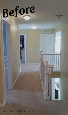 before and after shot of a house with carpeted hallway, stairs and white door