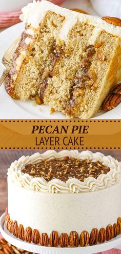 pecan pie layer cake with white frosting and pecans around the edges on a plate