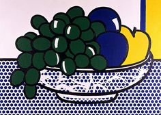 a painting of grapes in a bowl on a table