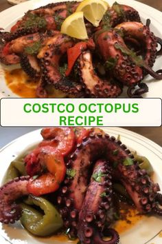 two plates with octopus and peppers on them