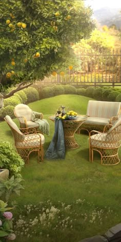 a painting of some chairs and tables in the grass near an orange tree with lemons on it