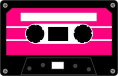 a pink and black cassette tape recorder with white lines on the side, in front of a black background