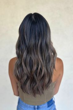 Dark Hair With Highlights To Cover Gray, Grey Blend Brunette, Bayalage Brunette To Cover Grey, Smoky Brunette Hair, Grey Blending Dark Hair, Grey Blending Highlights Brunette, Blending Highlights, Grey Blending Highlights, Toner For Brown Hair