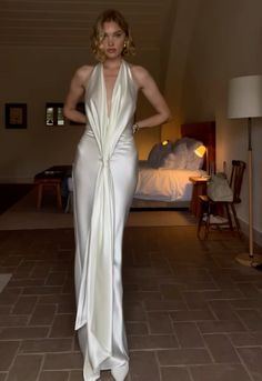 Elsa Hosk White Dress, Plunging Dress, White Halter Dress, Stylish Wedding Dresses, Maxi Dress Outfit, Valentino Dress, Old Hollywood Glam, Plunge Dress, Elsa Hosk