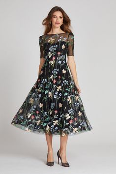 Embroidered Tulle Dress with Floral Print Lace High Low Dress, Proper Attire, Embroidered Tulle Dress, Tea Length Skirt, Evening Gowns With Sleeves, Dress With Floral Print, Fall Wedding Guest Dress, Mother Of Groom Dresses, Embroidered Tulle