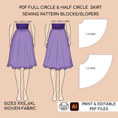 Full Circle Skirt Sewing Pattern Block & Half Circle Skirt Sewing Pattern Blocks | Sizes XXS-6XL  Are you a self-taught sewer or a professional fashion designer? Fashion student or graduate, crafter, seamstress, tailor, or pattern maker? Do you create patterns for fun or professional? Then this is for you! It is a Women's Printable Pdf Sewing Patterns Block (Sloper) for WOVEN fabrics It is a TOOL (Basic Template), to work with and develop into a variety of garments. You can manipulate them to create your own unique designs or use the patterns as they are and add seams only. SEWING TUTORIAL & SEAM ALLOWANCES NOT INCLUDED. You need basic knowledge of sewing clothes. SIZES: XXS-6XL (Check the size chart in the photos for details). FORMAT Digital files. Instant Download. *No paper pattern will Circle Skirt Sewing Pattern, Half Circle Skirt, Circle Skirt Pattern, Skirt Sewing Pattern, Fashion Student, Pattern Maker, Skirt Sewing, Full Circle Skirt, Skirt Patterns Sewing