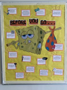 a bulletin board with an image of spongebob