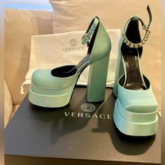 Brand New Platform Heels In A Teal Green/Blue Color. Never Used, Bought About A Year Ago. Retails For $1850 Shoe Inspo Heels, Blue Chunky Platform Heels, Sage Green Heels, Platform Heels Aesthetic, Versace Platform Heels, Iconic Heels, Green Platform Heels, Platform Heels Outfit, Green Shoes Heels