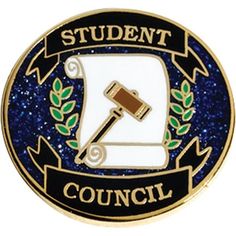 a blue and gold badge with a hammer on it that says student council, surrounded by leaves