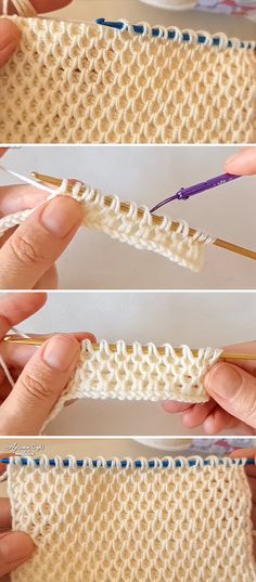 two pictures showing how to knit the side of a sweater with yarn and crochet needles