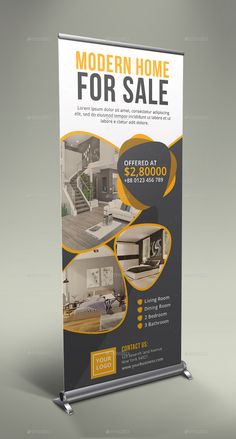 a modern home for sale sign with an image of a living room and kitchen in the background