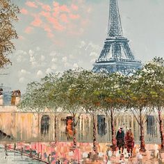 a painting of the eiffel tower in paris, france with people walking around