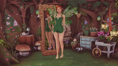 an animated image of a woman dressed as tinkerbell standing in front of a mirror