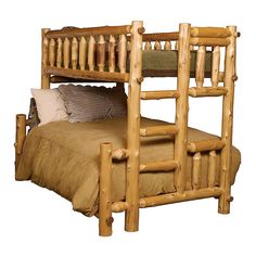 a wooden bunk bed with two ladders on the top and bottom, made from logs