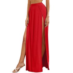 Red Multi High Split Sexy Long Skirt Fitted High Waist Maxi Skirt With Split Design, Summer Party Maxi Skirt In Solid Color, Summer Party Solid Color Maxi Skirt, Solid Color Maxi Skirt For Summer Parties, Summer Solid Color Maxi Skirt For Party, Trendy Party Bottoms With Split Design, Trendy Split Bottoms For Party, Trendy Party Bottoms With Split, Stretch Split Skirt For Night Out