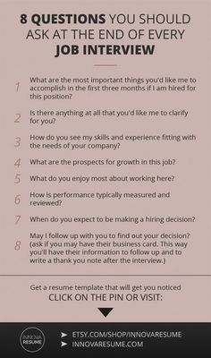 an interview sheet with the words 8 questions you should ask at the end of every job interview