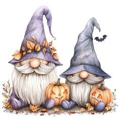 two gnomes sitting next to each other with pumpkins