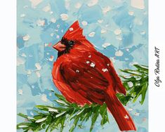 a painting of a red cardinal perched on a branch with snow flakes all over it