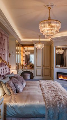 a bedroom with a bed, fireplace and chandelier in the middle of it