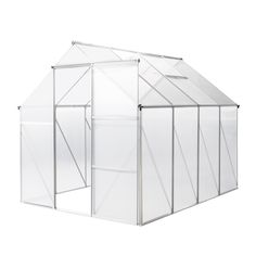 a white greenhouse with the doors open