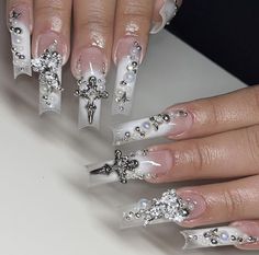 White Goth Nails, White Junk Nails, Junk Nail Designs, Ballerina Acrylic Nails, Fake Nails White, Cross Nails, Airbrush Nails