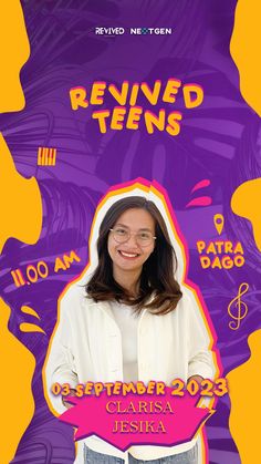 a woman in white shirt and jeans standing next to a purple background with the words reined teens on it