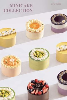 there are many different cakes on the table with each one's own toppings