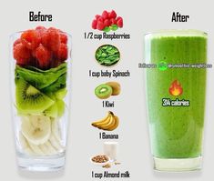 a glass filled with green smoothie next to a cup full of fruit and vegetables