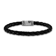 Dynamic black leather strips are woven together in this eye-catching men's bracelet. Sterling silver with black leather The 8.5-inch bracelet secures in place with a fancy clasp The signature "E" is stamped on the clasp to identify each piece as part of the 1933 by Esquire men's collection. Jared The Galleria Of Jewelry, Black Leather Bracelet, White Bracelets, Men's Bracelet, Mens Black Leather, Buyers Guide, Bracelet Sterling Silver