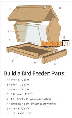 the instructions to build a bird feeder box for birds with measurements and details on it